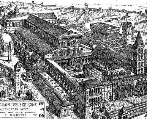 Old St. Peter's with the fortress of the Sistine Chapel in the right background. Photo by Flickr user William Allen, Image Historian